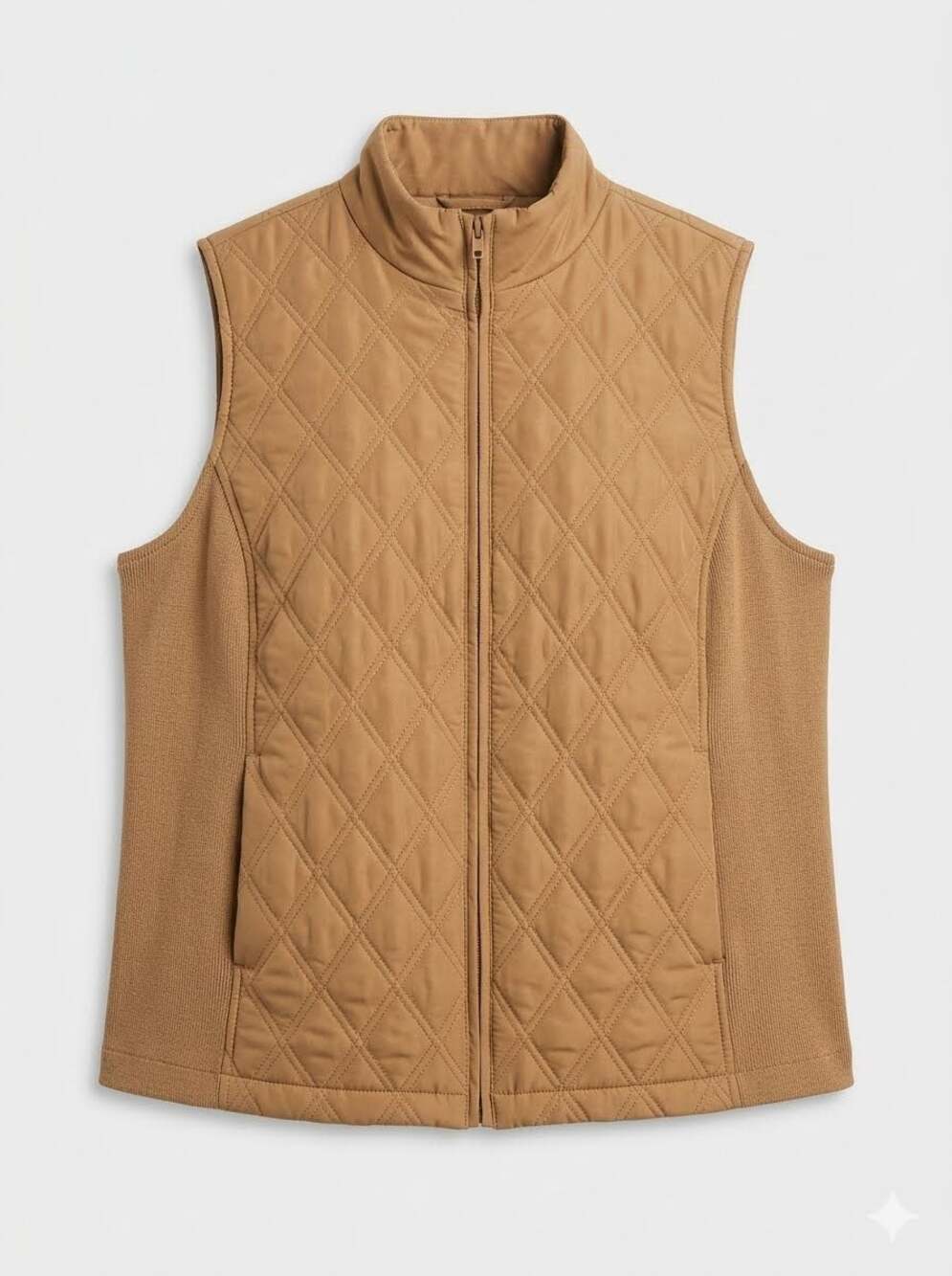 Relativity Womens Quilted Vest 2XL Plus Size Tan Camel Knit Sides Gorpcore Warm
